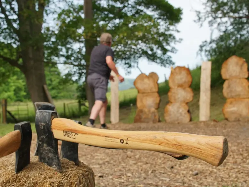 Axes and the wooden targets on the axe-throwing range